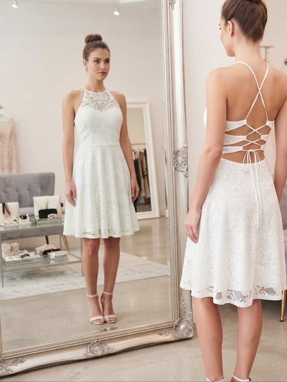B. Darlin Sz 11/12 White Lace Halter Dress Open Lattice Back Skater Dress